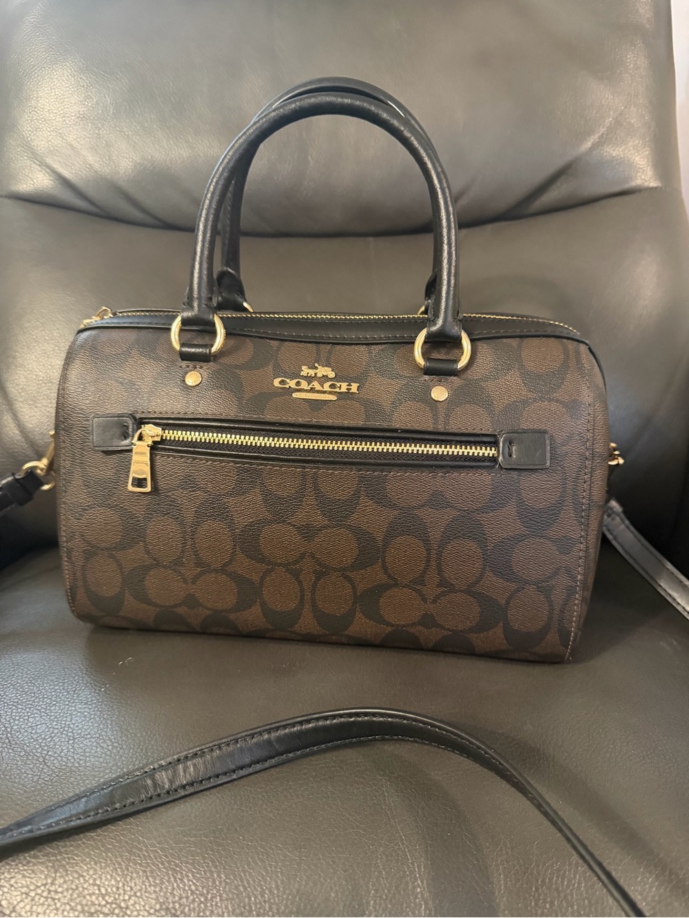 COACH Rowan Brown Signature Satchel with Black Trim